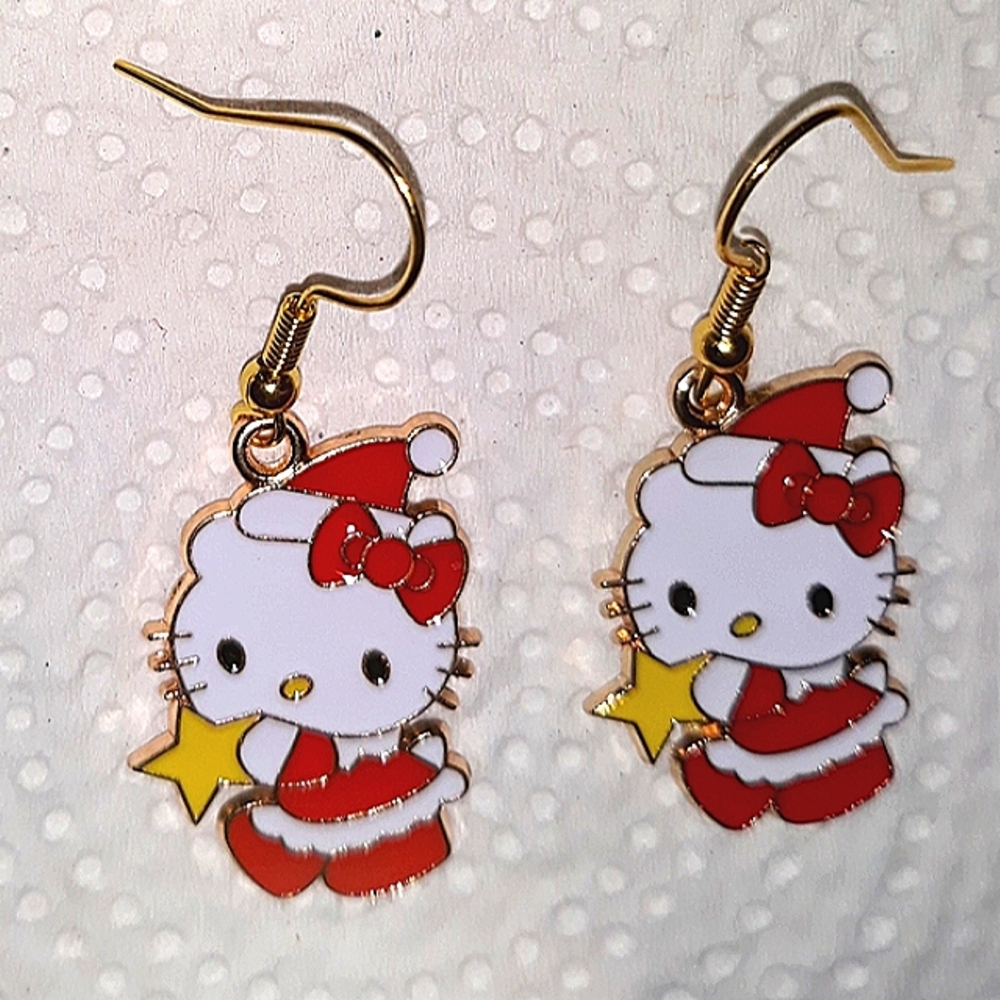 Hello Kitty Winter Holiday Gold Star Earrings.Red Whte Gold Enamel Earwi…